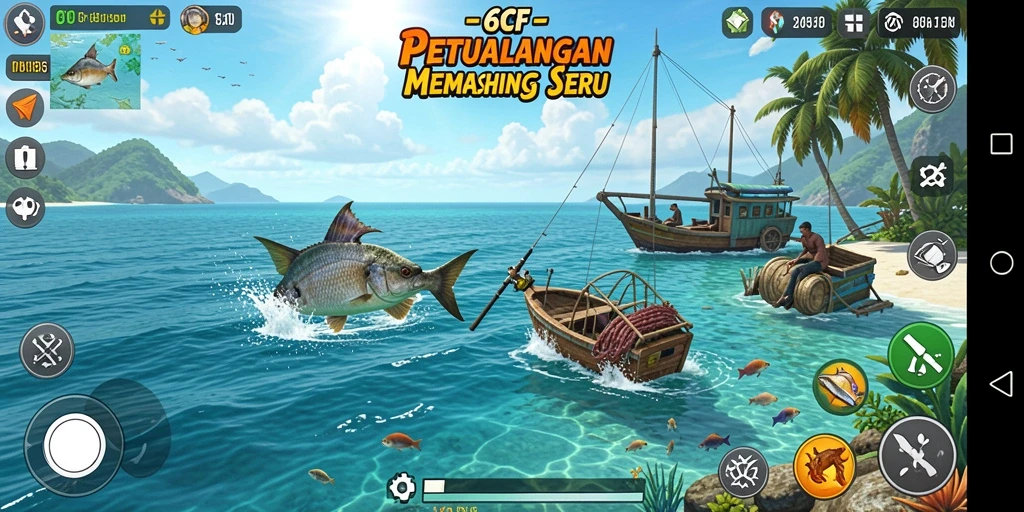 Tampilan gameplay 6CF yang menawan saat menangkap ikan.