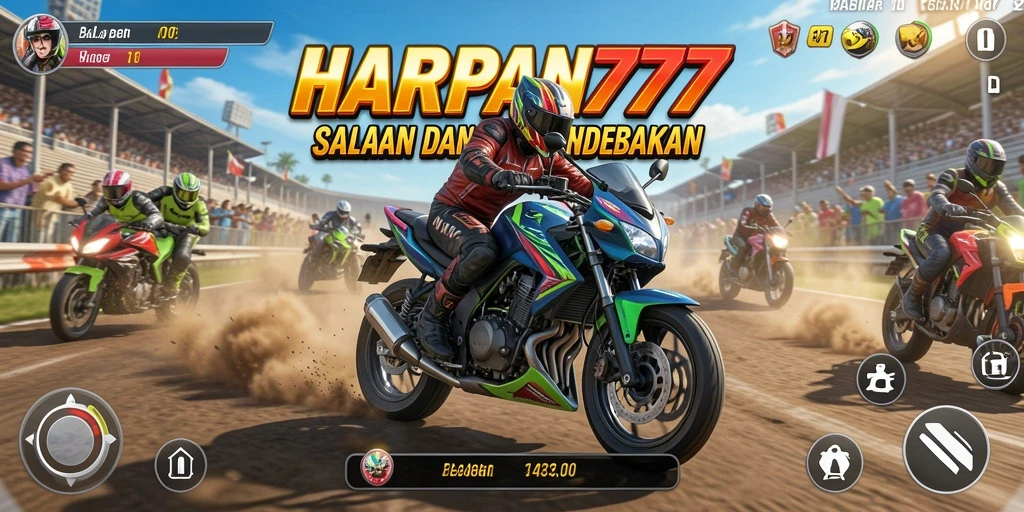 Tampilan gameplay seru dari HARAPAN777 saat balapan motor.