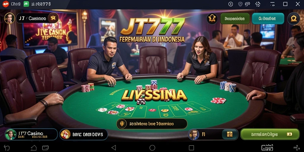 Screenshot gameplay JT777 yang menampilkan dealer Live Casino profesional.