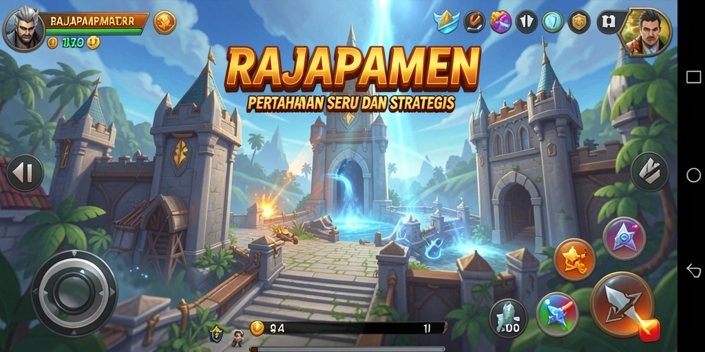 Screenshot gameplay RAJAPAMEN dengan menara pertahanan yang strategis.