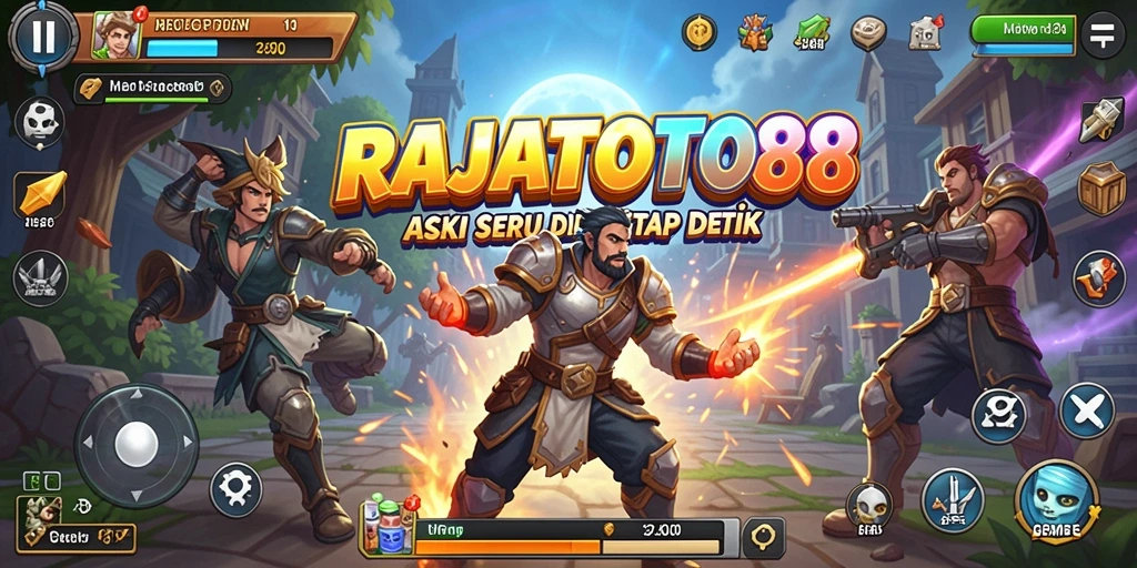 Screenshot utama gameplay RAJATOTO88 menampilkan aksi pertempuran yang mendebarkan.