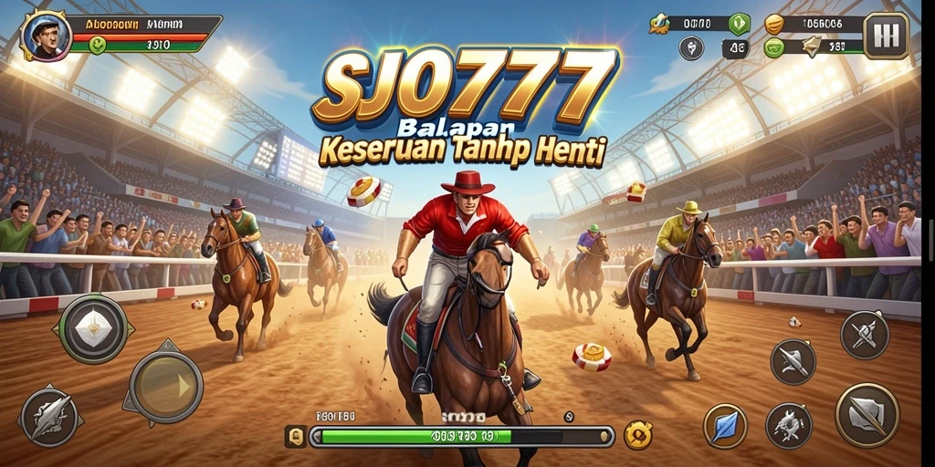 Tampilan gameplay menegangkan dari SJO777 dengan mobil balap di lintasan.