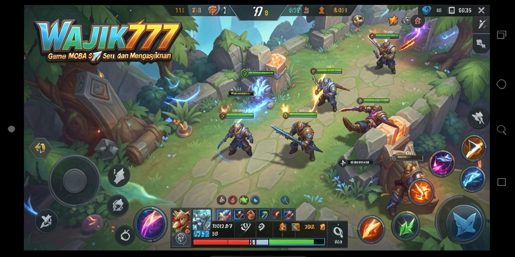Screenshot gameplay WAJIK777 menunjukkan aksi MOBA yang intens.